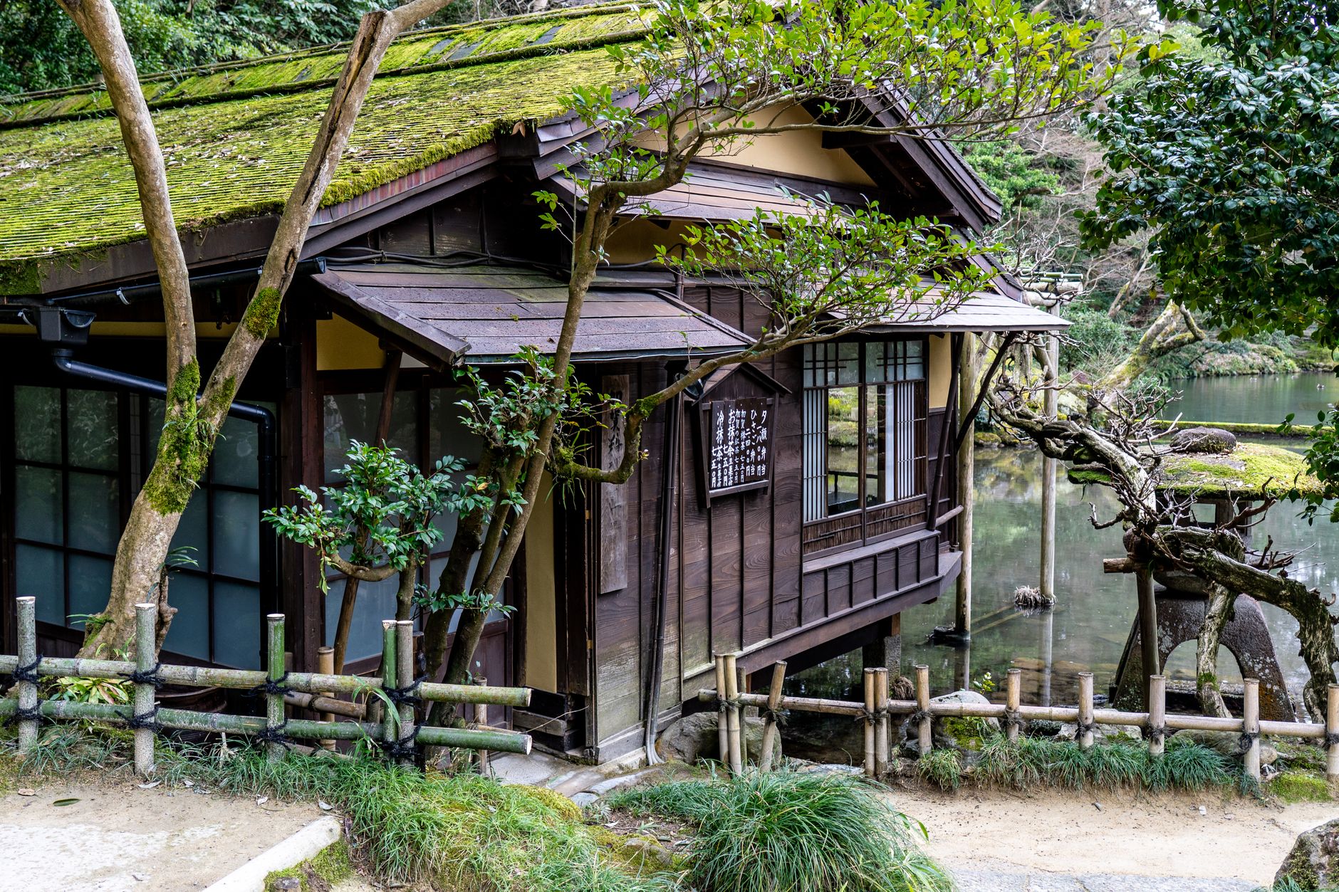 Misty Japanese temple wooden corridor over serene courtyard